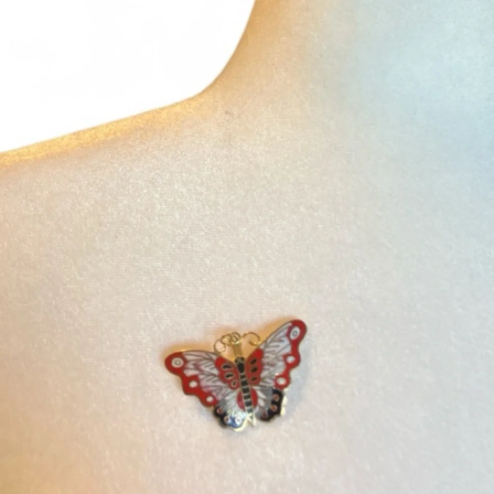 Vintage 70s Cloisonne Butterfly Pendant / Brooch with Gold Tone Chain - Picture 4 of 5